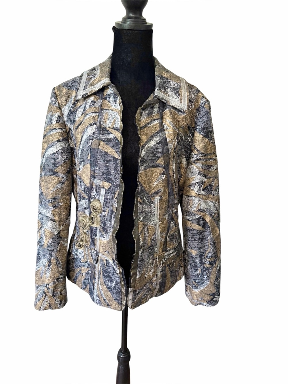Chico's Embroidered Jacket Tapestry Rosette Print Open Front Blazer Sz 1 Artsy